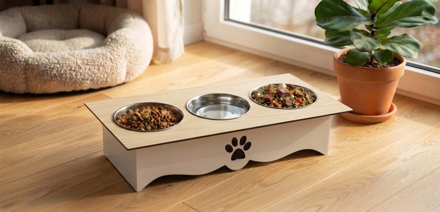 A wooden elevated pet feeder with two bowls filled with dry food and one empty metal bowl, placed on a light wood floor near a window with a potted plant and a pet bed in the background.
