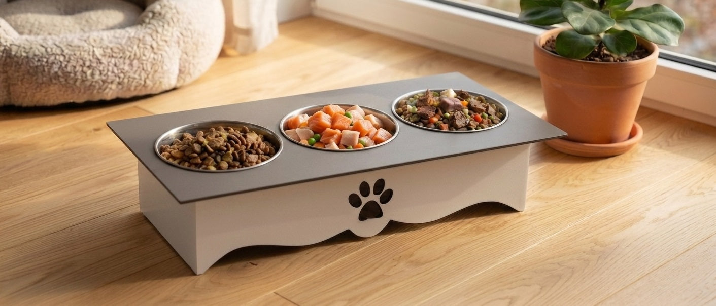 A three-bowl elevated pet feeder with a white base and gray top, shown on a wooden floor near a window with a plant and pet bed in the background.