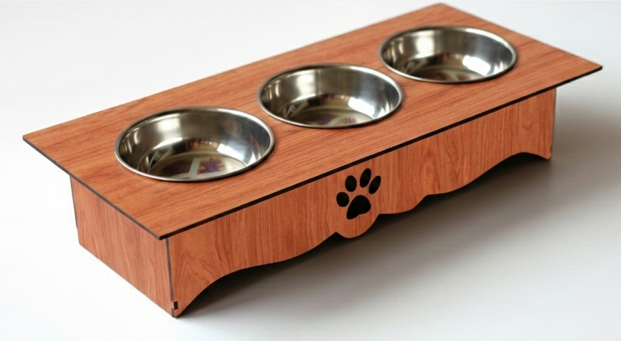Triple Cat Bowl Stand with Stainless Steel Bowls – Modern Raised Pet Feeder