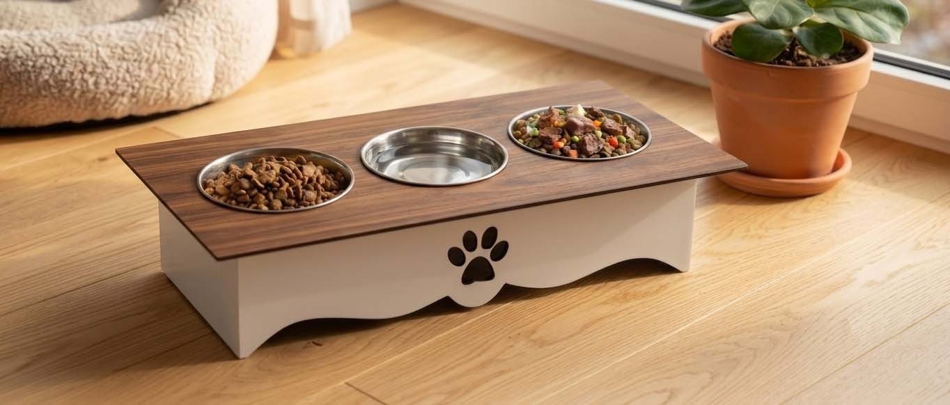 A two-tier elevated pet feeder and waterer with a dark wood top, stainless steel bowls, and a white base with a paw print cutout, set on a light wooden floor next to a potted plant.