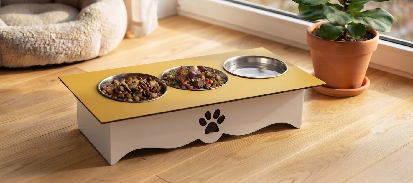 A pet elevated feeding station with three bowls on a wooden floor near a window. The station has a white base with a black paw print and a gold top tray.