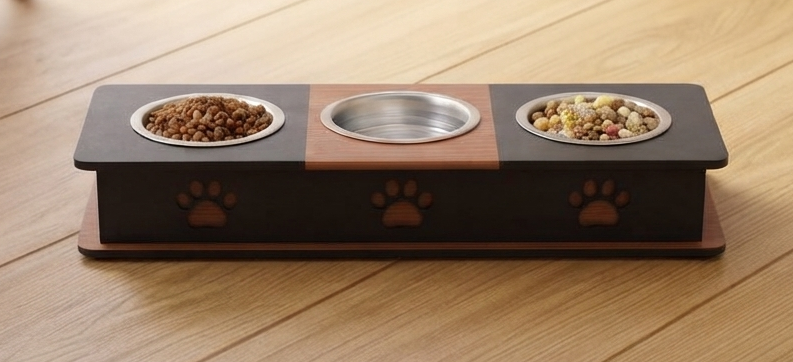 A raised pet feeder and water bowl stand on a light wood floor. The dark wood stand has three bowls: two stainless steel bowls filled with dry pet food, and one empty stainless steel bowl in the center.