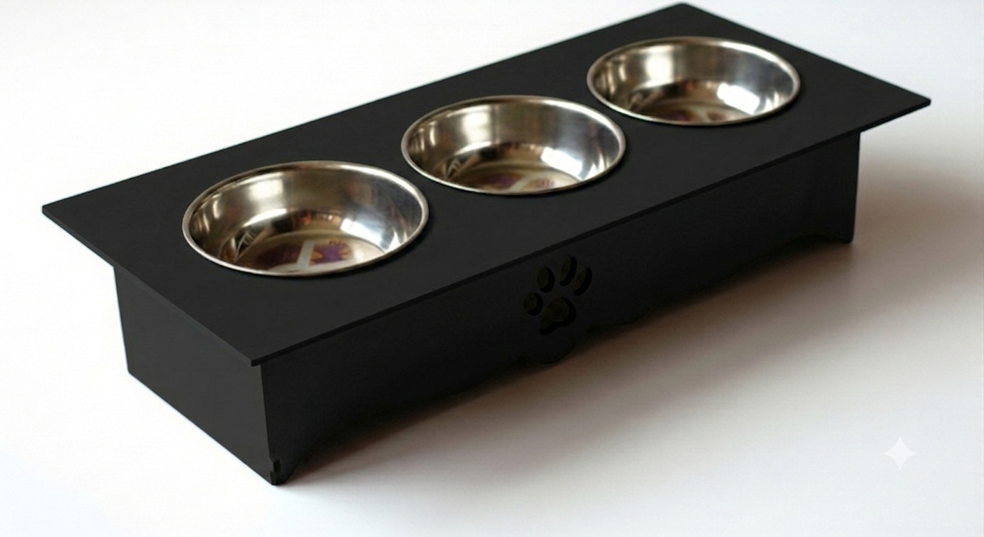 Triple Cat Bowl Stand with Stainless Steel Bowls – Modern Raised Pet Feeder