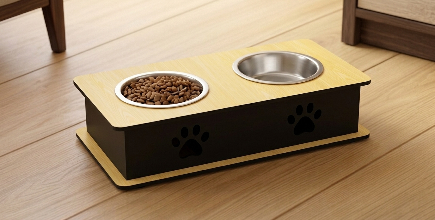 A two-bowl elevated pet feeder and waterer stand with a light wood top, black side panels featuring paw print cutouts, and a matching base, shown on a wooden floor with one bowl filled with dog food.