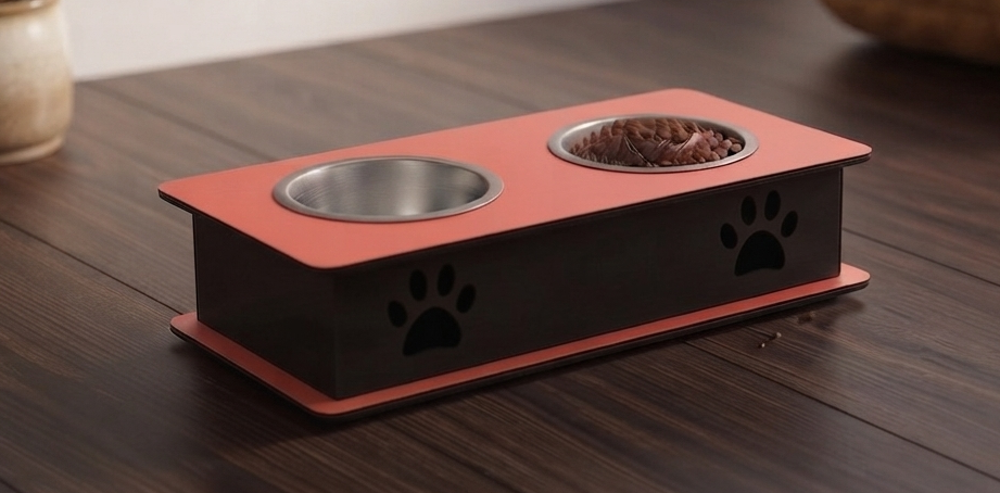 A two-bowl pet feeder and water bowl stand with a matte red top and base, and a black body featuring black paw print cutouts. The stainless steel bowl on the left is empty, while the right bowl contains dry dog food.