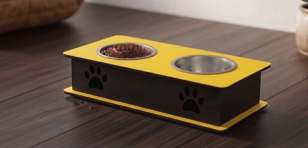 A two-bowl pet feeder and waterer stand with a yellow top tray, black base, and stainless steel bowls, shown on a dark wooden table.