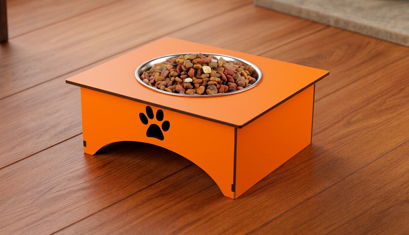 An orange elevated pet feeder with a stainless steel bowl filled with dry kibble, placed on a wooden floor. The feeder has a black paw print cutout on the front.