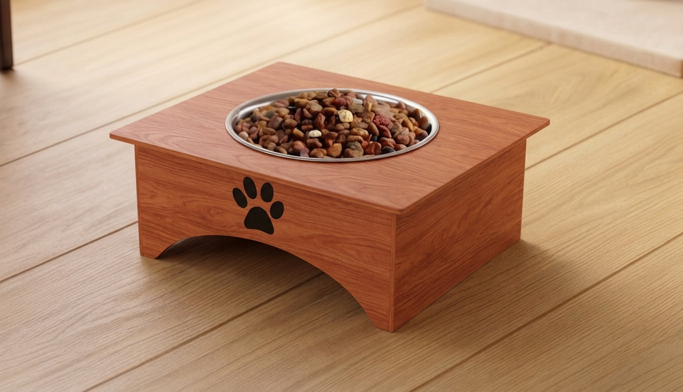 A wooden elevated pet feeder with a stainless steel bowl filled with dog kibble, placed on a light wood plank floor. The feeder has a black paw print engraving on the front.
