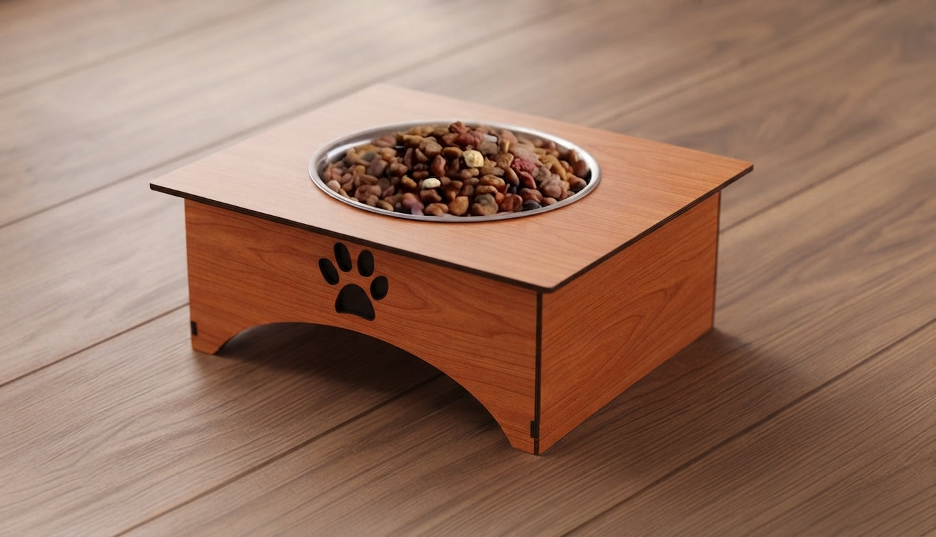 A wooden elevated pet feeder with a stainless steel bowl filled with dry kibble, placed on a light brown wood floor. The feeder has a laser-cut triangular base, a black paw print engraving on the front, and a square top platform.
