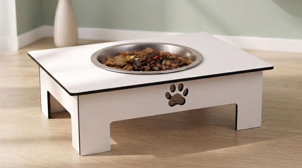 A white elevated pet feeder table with a stainless steel bowl filled with dog food, set on a light wood floor against a pale green wall.