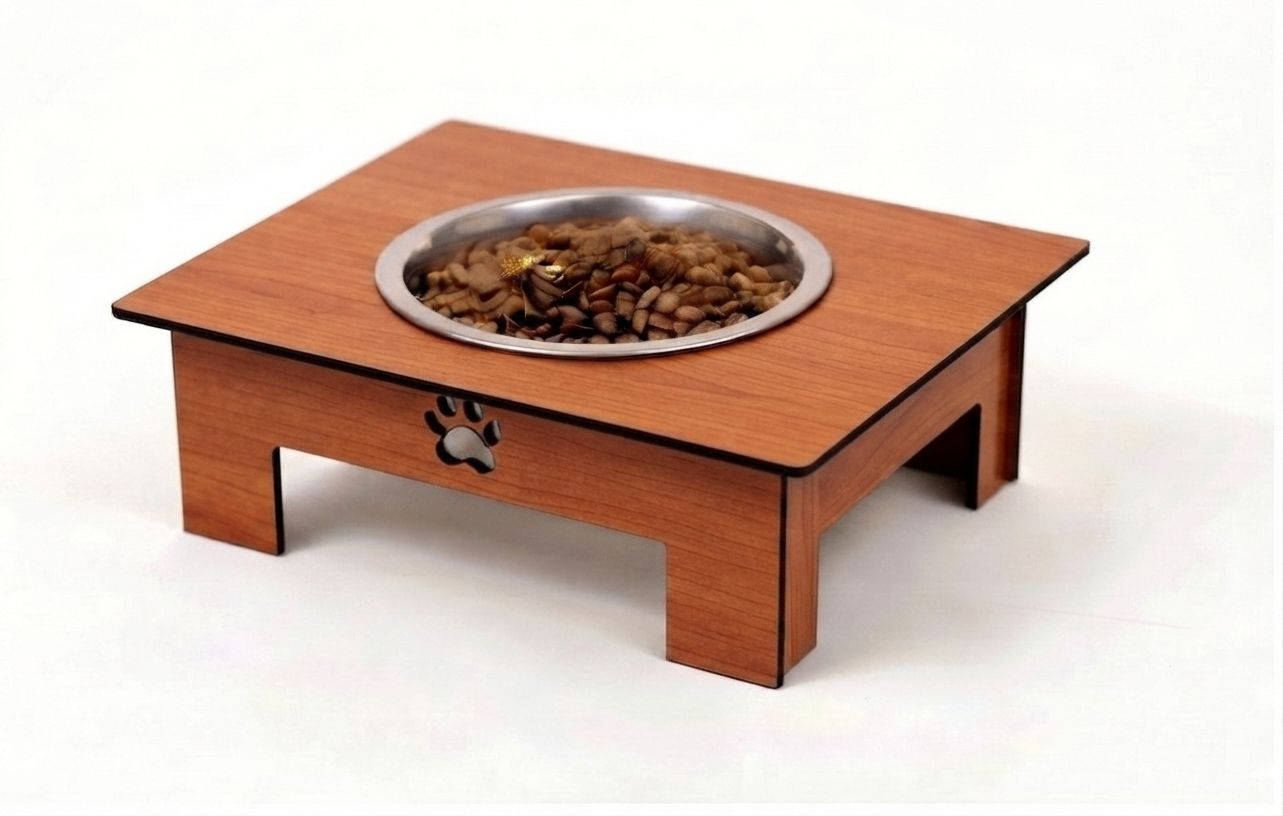 A wooden elevated pet feeder table with a stainless steel bowl filled with dry pet food, set against a plain white background.