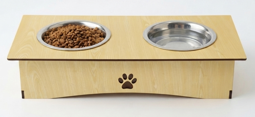 Premium Wooden Double Bowl Cat Feeder Stand with Stainless Steel Bowls
