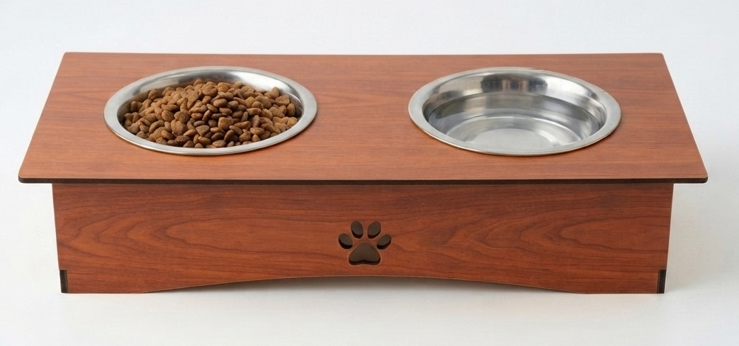 Premium Wooden Double Bowl Cat Feeder Stand with Stainless Steel Bowls