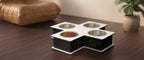 A four-compartment elevated pet feeder and water bowl stand with stainless steel bowls, shown on a dark wooden table in a home setting.