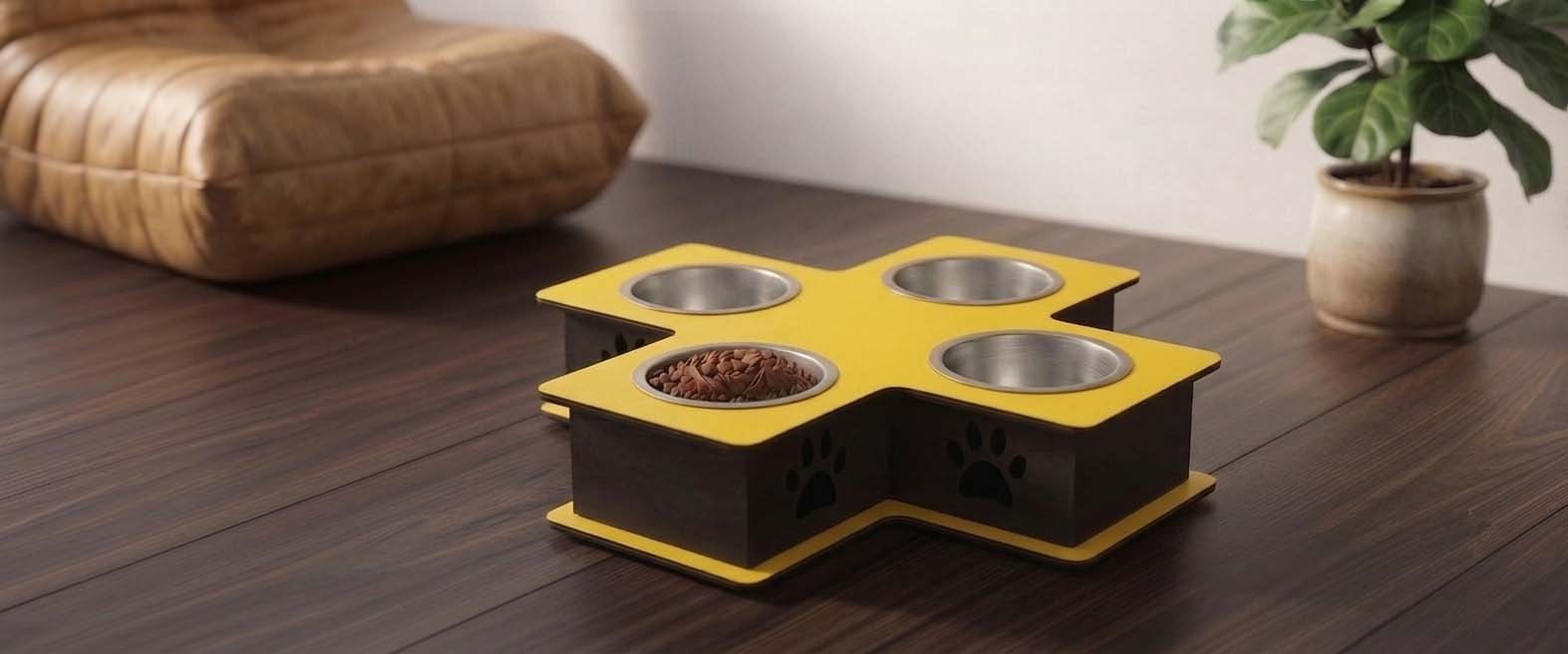 A pet elevated feeder and water bowl stand with a yellow and black design, featuring three bowls (two stainless steel, one with food) on a dark wooden table.