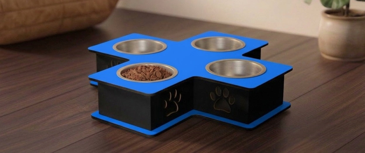 A pet feeder and waterer stand with four bowls, featuring a blue top platform, black base, stainless steel bowls, and a bowl of wet food, placed on a dark wooden table.