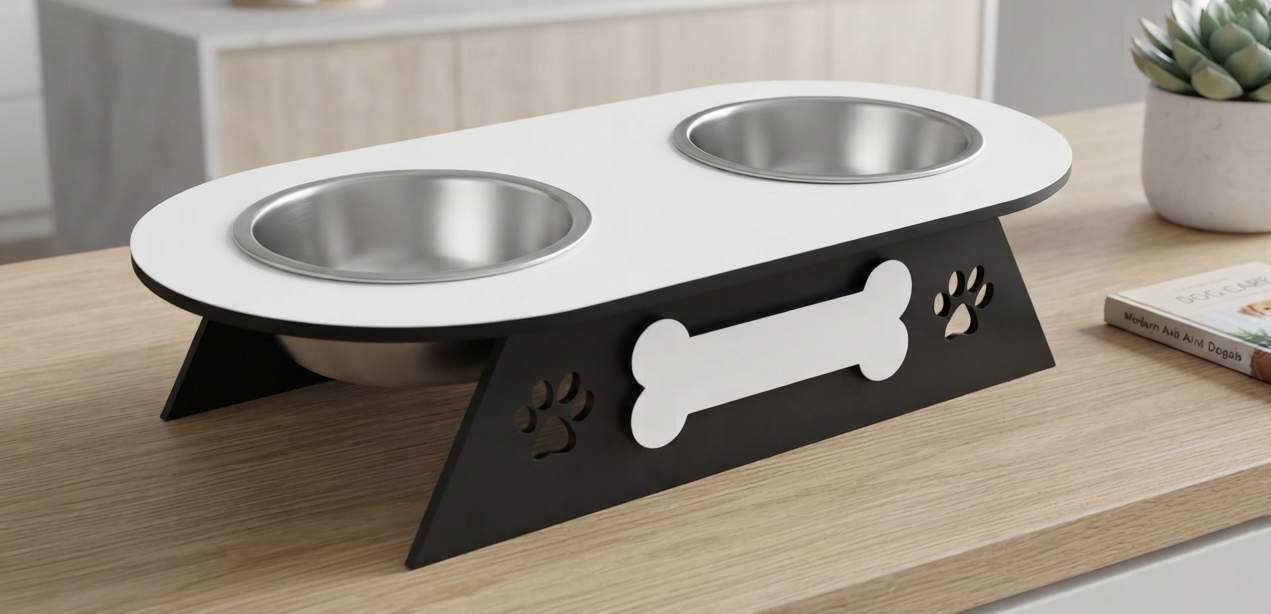 A two-bowl pet feeder and waterer elevated stand with a white oval top, stainless steel bowls, and a black base featuring a bone cutout and paw prints, shown on a wooden tabletop.