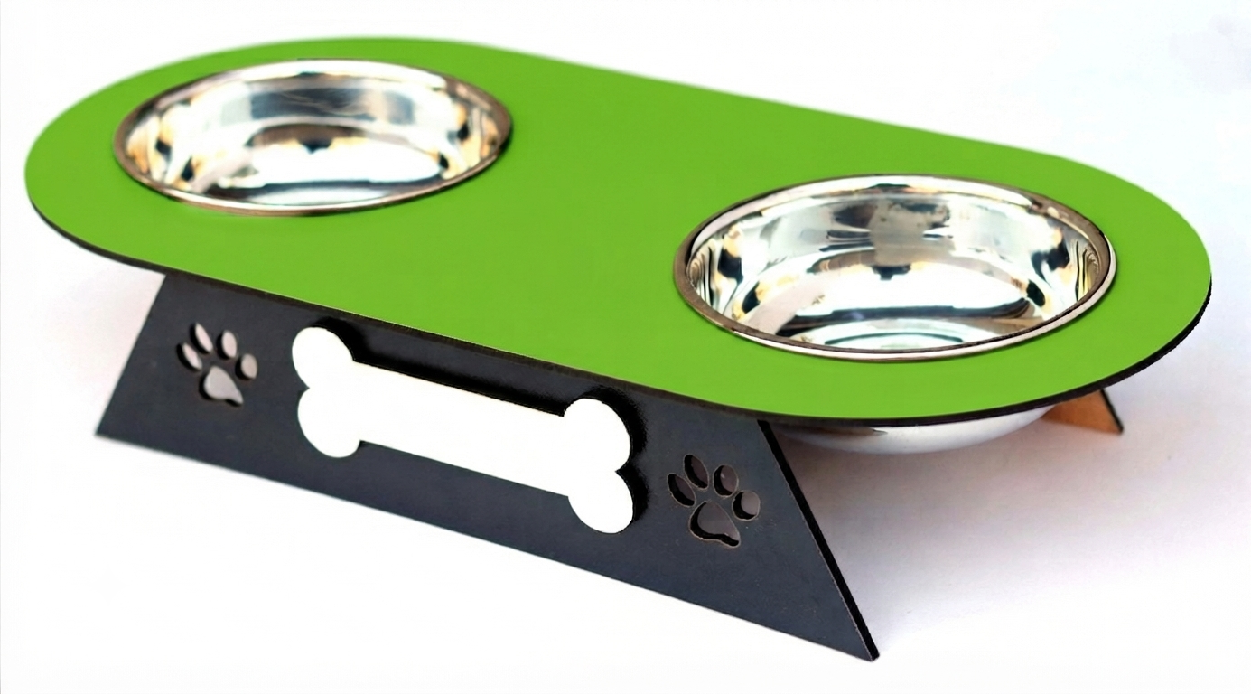 A two-bowl pet feeder and waterer stand with a bright green top tray, stainless steel bowls, and a black triangular base decorated with a bone and paw print cutout.