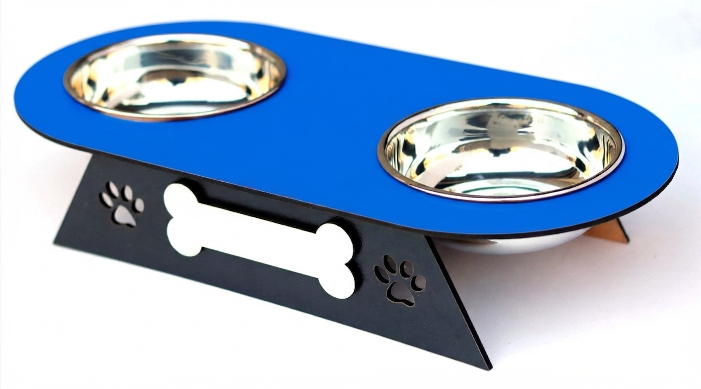 A pet double bowl feeder with a bright blue top tray, two stainless steel bowls, and a black metal stand featuring a bone-shaped center and paw print cutouts.