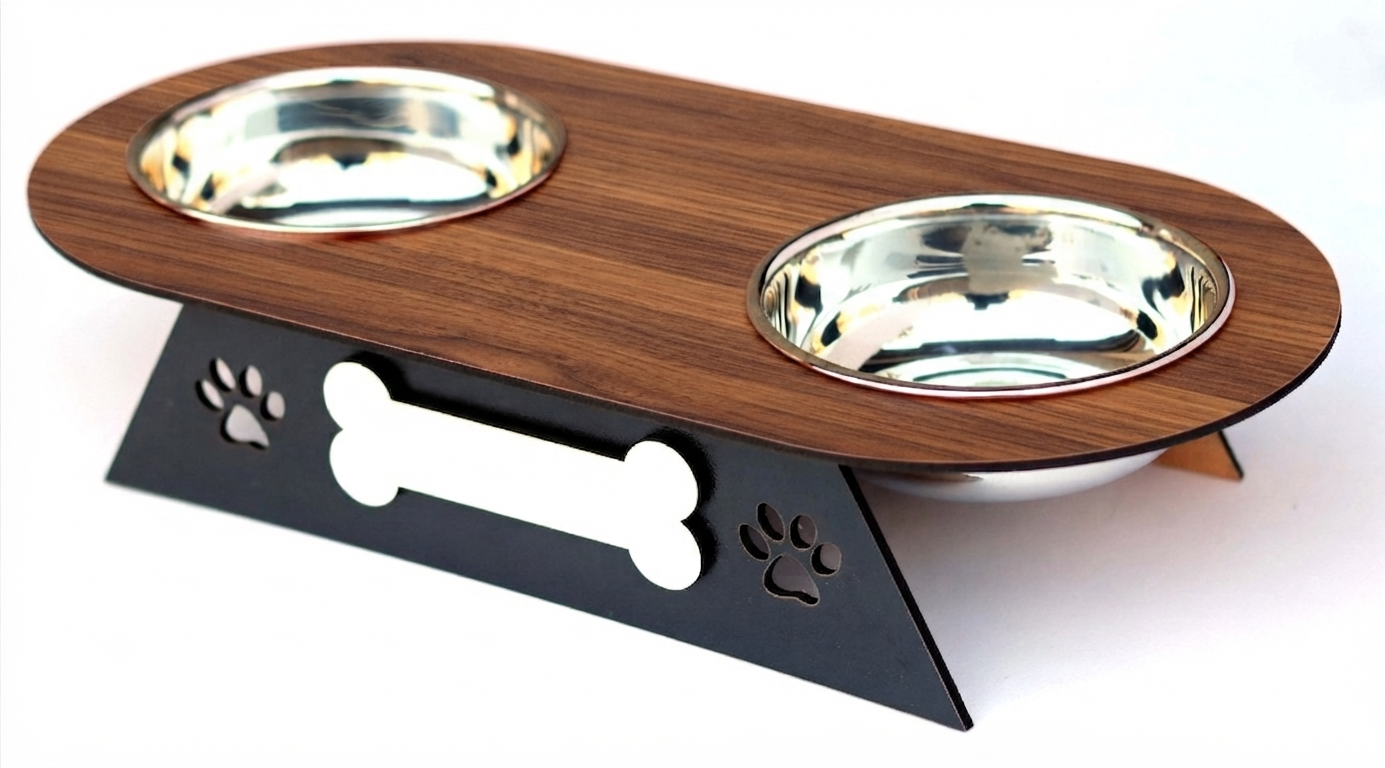 A two-bowl pet feeder and waterer stand with a dark brown wood-grain top, two stainless steel bowls, and a black metal base with bone and paw print cutouts, shown on a white background.