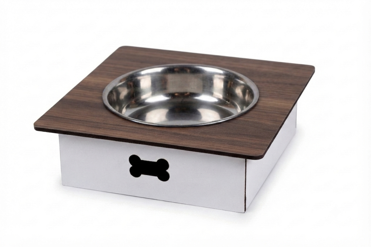 An elevated pet feeder and water bowl stand with a dark brown wood-grain top, a stainless steel bowl, and a white base with a black bone-shaped cutout, shown on a white background.