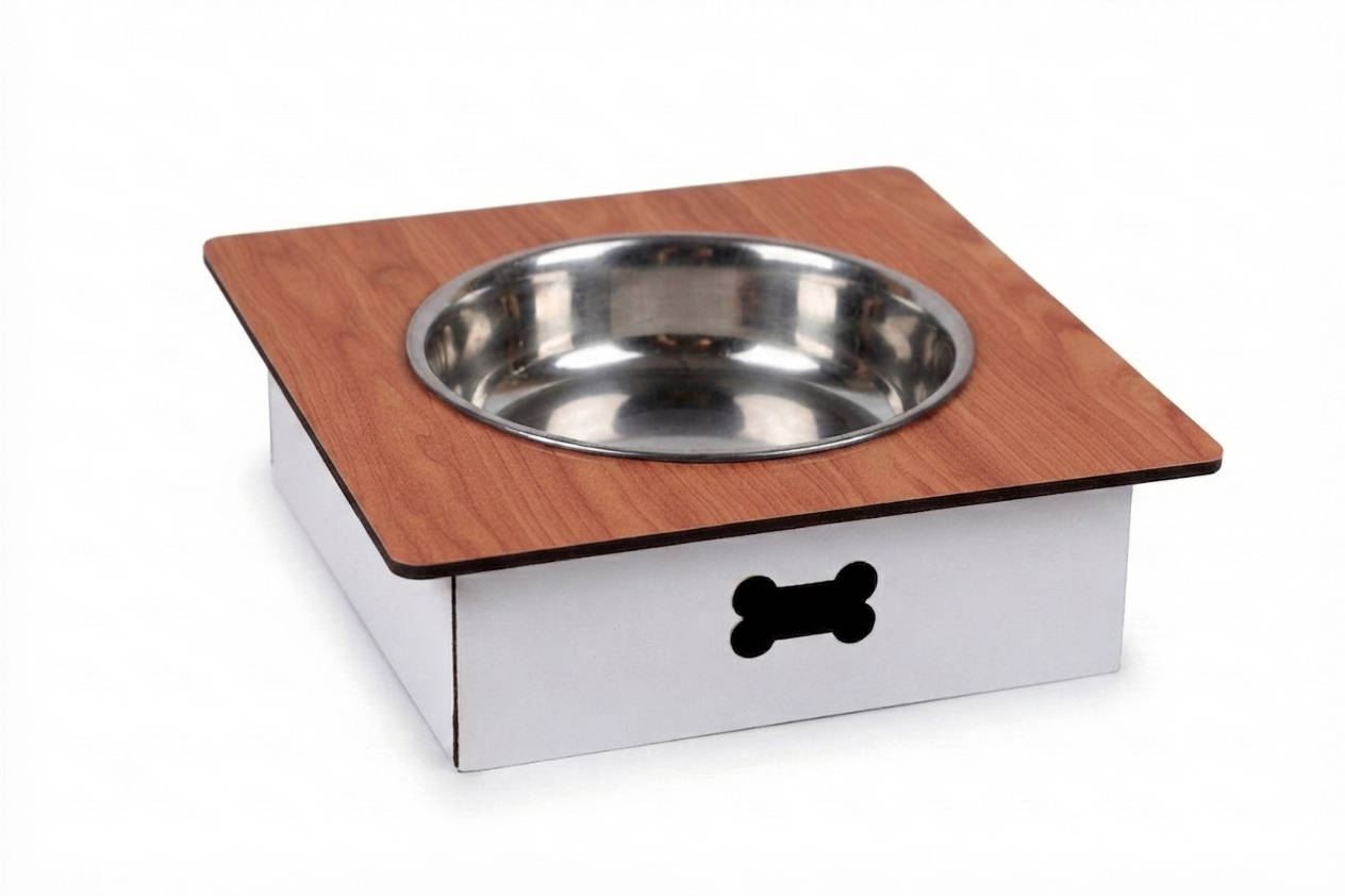An elevated pet feeder and water bowl stand with a square wood-grain top, a stainless steel bowl, and a white base with a black bone-shaped handle, shown on a white background.