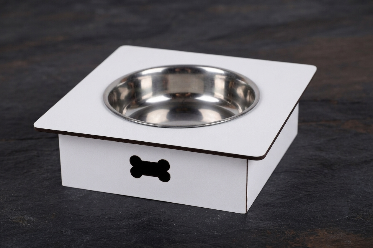 A white square pet feeder or elevated bowl stand with a stainless steel bowl set inside, featuring a black bone-shaped cutout on the front, photographed on a dark textured surface.