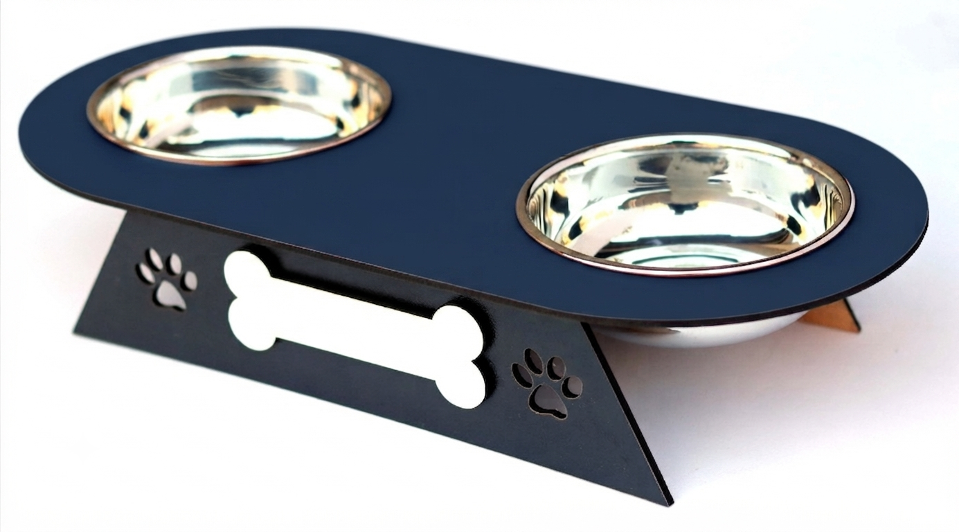 A black elevated pet feeder and water bowl stand with two stainless steel bowls, featuring a bone-shaped handle cutout and paw print details on the front.