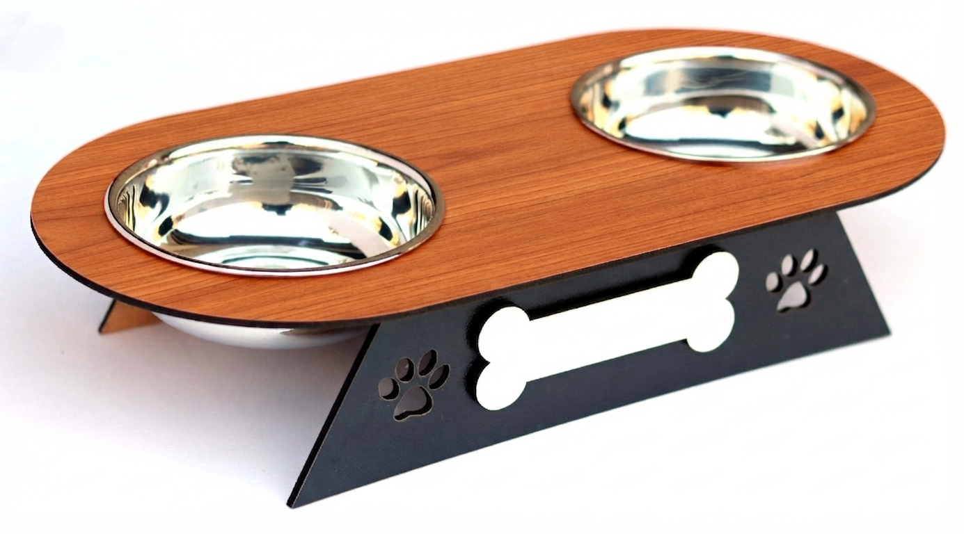 A two-bowl pet feeder and waterer stand with a brown wood-grain top, stainless steel bowls, and a black metal base with bone and paw print cutouts, shown on a white background.