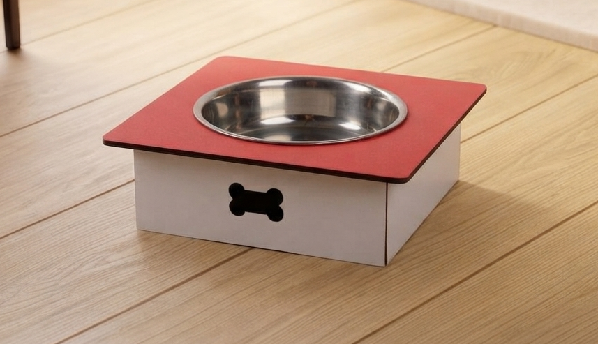 A raised pet feeder and water bowl stand with a red top platform, a stainless steel bowl, and a white base featuring a black bone-shaped handle, shown on a light wood floor.