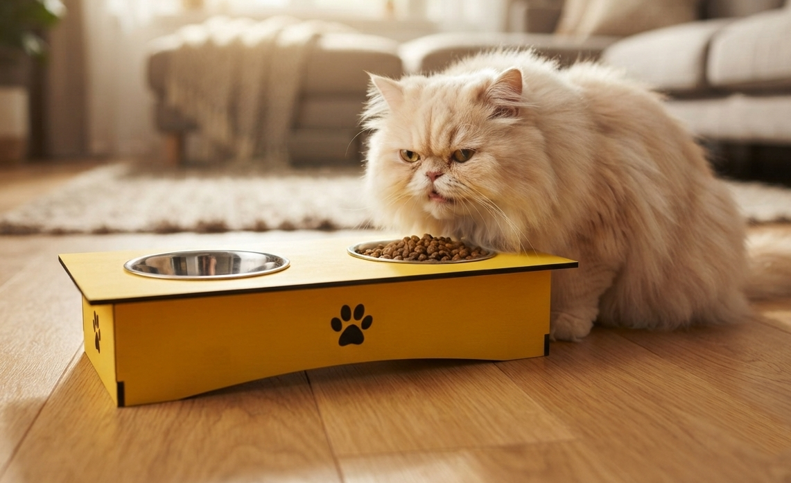 Premium Wooden Double Bowl Cat Feeder Stand with Stainless Steel Bowls