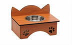 A wooden elevated pet feeder and water bowl stand with a stainless steel bowl, featuring cat-ear shaped backrest and paw print cutouts on the front, shown on a white background.