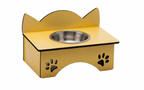 A yellow cat feeder and waterer stand with a stainless steel bowl, featuring cat ear cutouts on top and paw print details on the front, isolated on a white background.