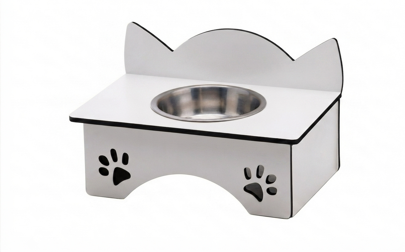 A stainless steel elevated pet feeder and water bowl stand with a cat-ear-shaped backrest and paw print cutouts on the front, shown on a white background.