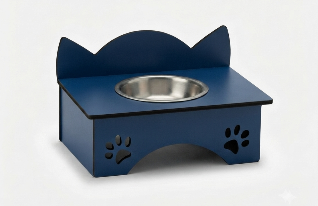 A blue elevated pet feeder and water bowl stand with cat-ear shaped backrest and paw print cutouts, featuring a stainless steel bowl, on a light gray background.