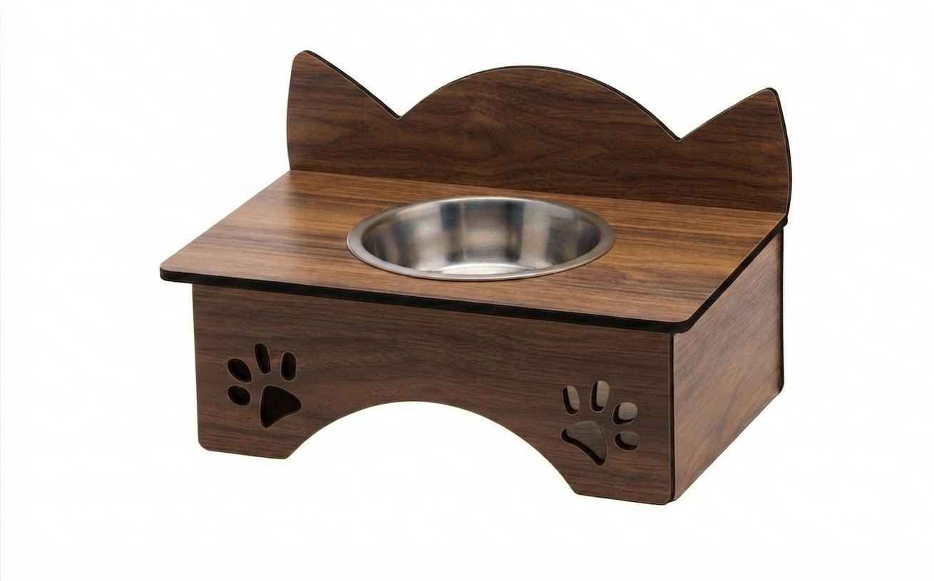 A wooden elevated pet feeder and water bowl stand with a stainless steel bowl, featuring cat-ear shaped backrests and paw print cutouts on the front, shown on a white background.