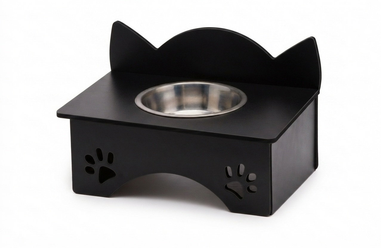 A black metal elevated pet feeder with cat-ear shaped backrest and paw print cutouts on the sides, featuring a stainless steel bowl, shown on a white background.