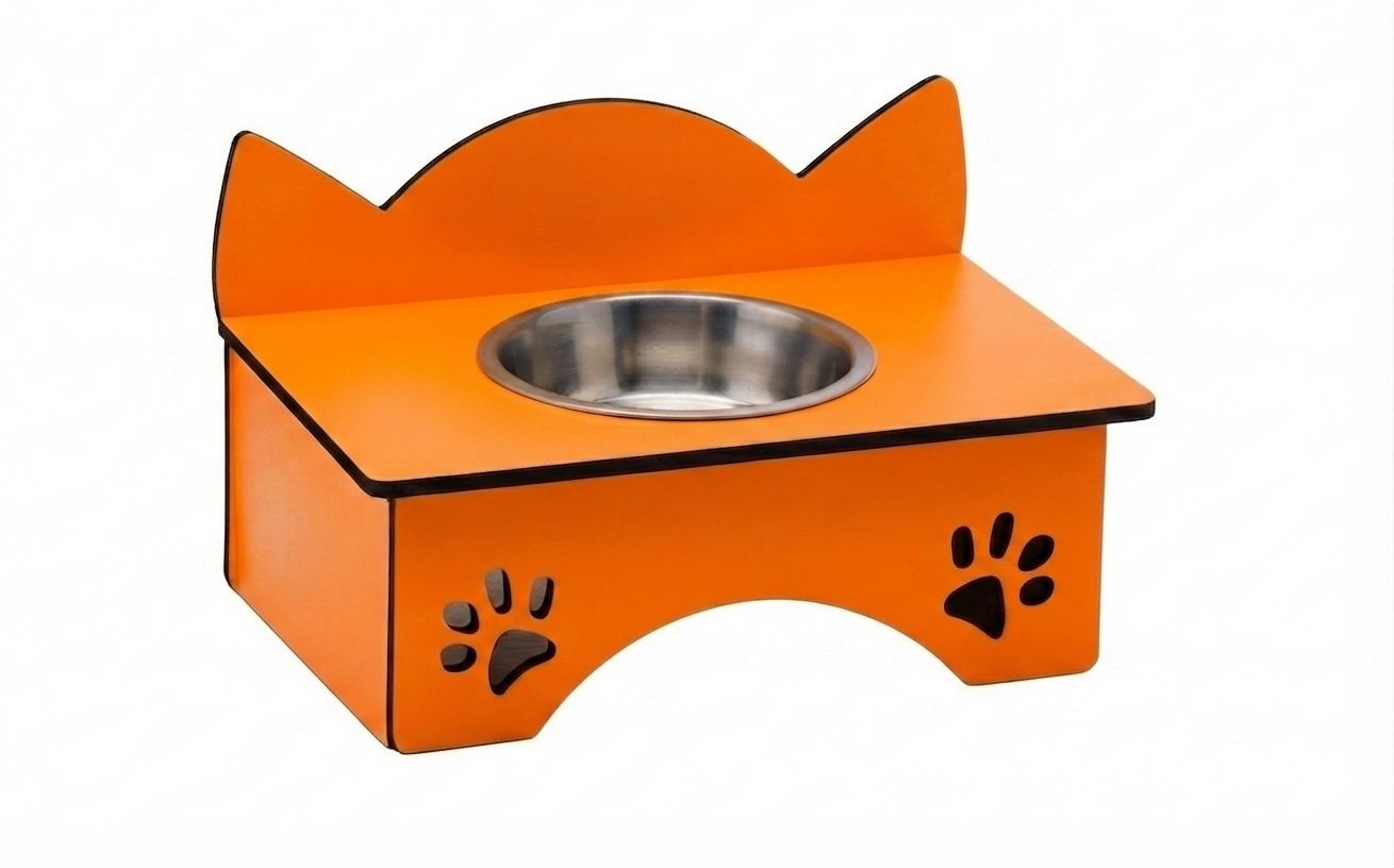 An orange cat-shaped elevated pet feeder and water bowl stand with a stainless steel bowl, featuring black paw print details on the front, set against a plain white background.