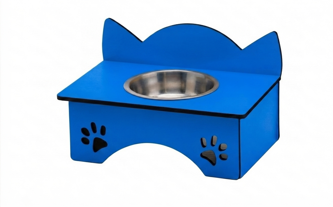 A bright blue pet feeder stand with a stainless steel bowl, featuring cat-ear shaped backrests and paw print cutouts on the front, shown against a plain white background.