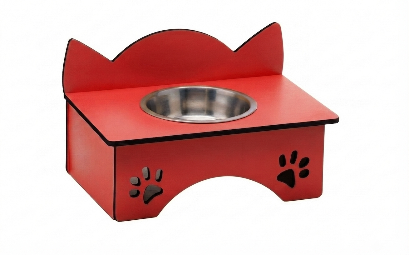 A red wooden pet feeder stand with a stainless steel bowl, featuring cat ear cutouts at the top and paw print details on the front, shown against a plain white background.