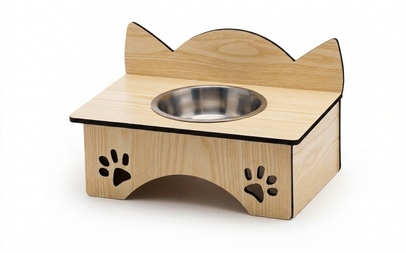 A wooden elevated pet feeder with a stainless steel bowl, featuring cat-ear shaped backrest and paw print cutouts on the front, shown on a white background.