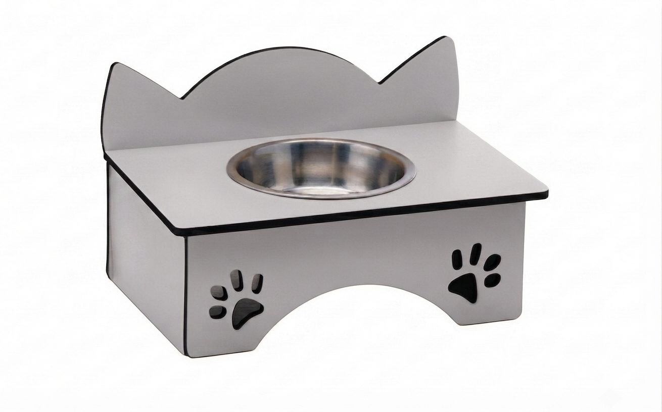 A stainless steel elevated pet feeder and water bowl stand with cat-ear shaped backrest and paw print cutouts on the front, shown on a plain white background.