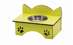 A bright yellow cat-shaped pet feeder and waterer stand with a stainless steel bowl, featuring black paw print cutouts on the front.