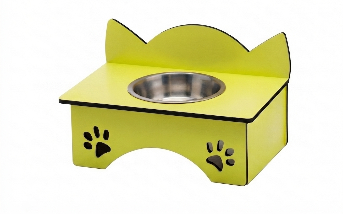 A bright yellow cat-shaped pet feeder and waterer stand with a stainless steel bowl, featuring black paw print cutouts on the front.