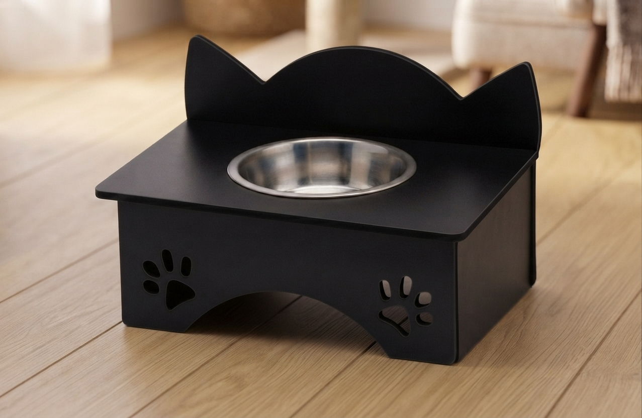 A black cat pet feeder stand with a stainless steel bowl, set on a light wood floor in a softly blurred home environment.
