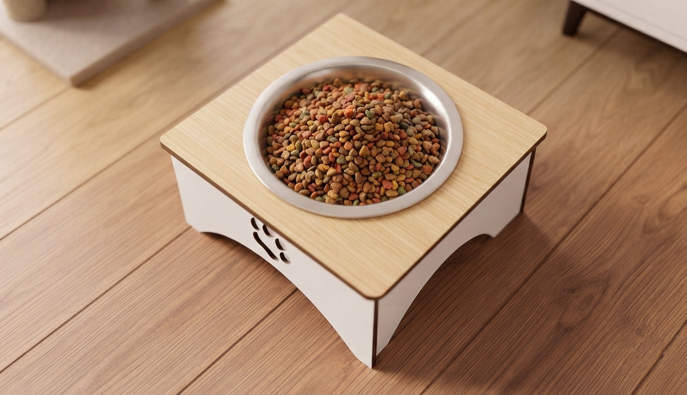 A raised wooden pet feeder stand with a stainless steel bowl filled with dry kibble, placed on a light wood floor.