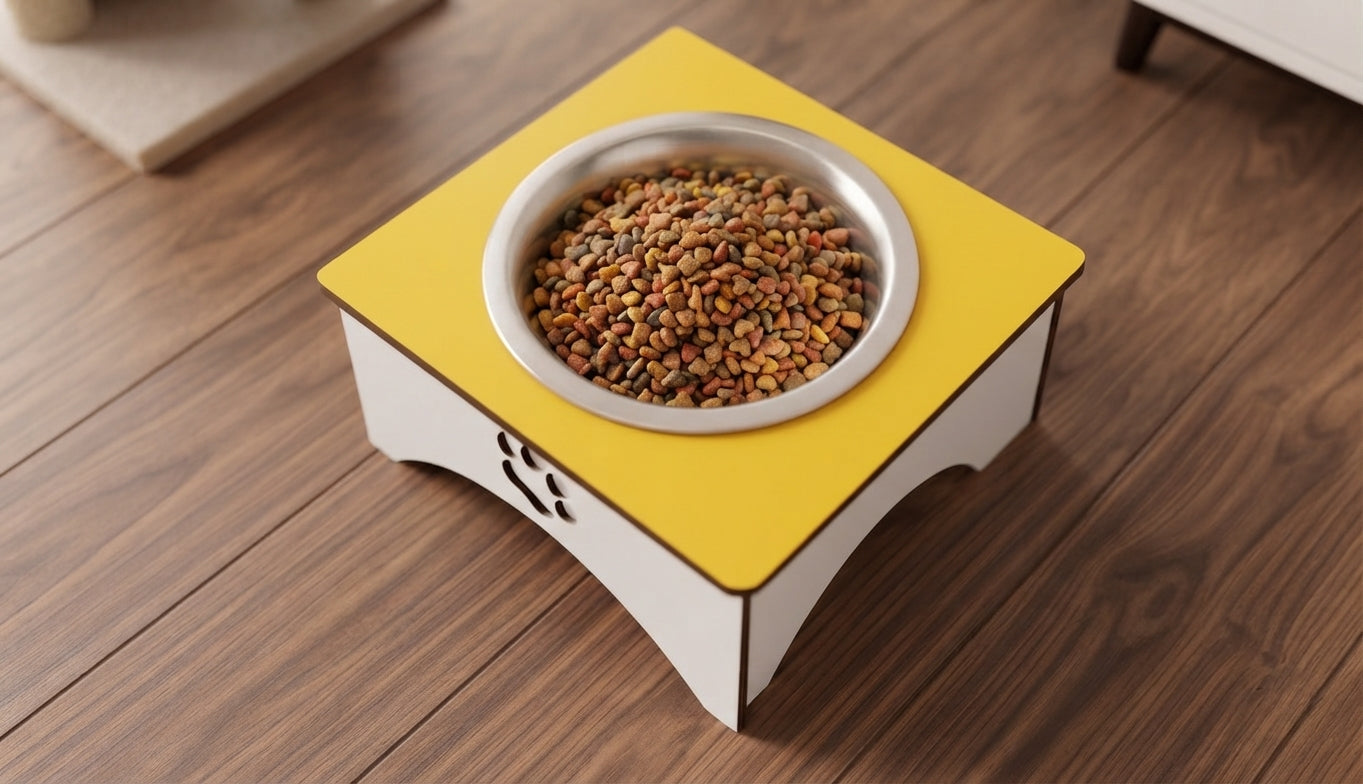 A square elevated pet feeder with a bright yellow top and white base, featuring a stainless steel bowl filled with dry kibble, placed on a dark wood floor.