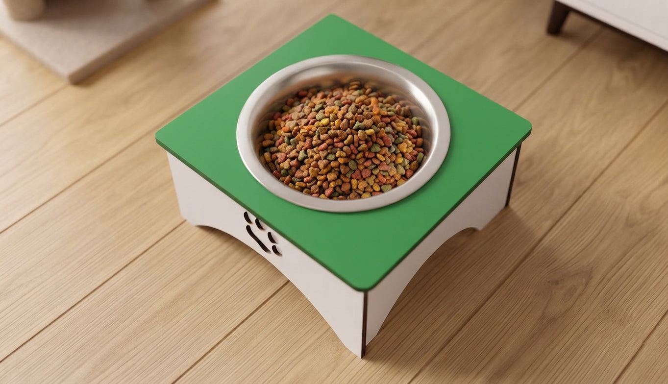 A square elevated pet feeder with a green top, white base, and a stainless steel bowl filled with kibble, placed on a light wood floor.