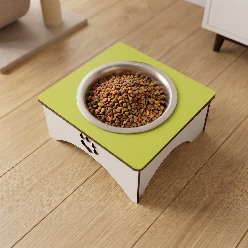 A square elevated pet feeder stand with a bright lime green top and white sides, holding a stainless steel bowl filled with dry cat food, placed on a light wood floor.