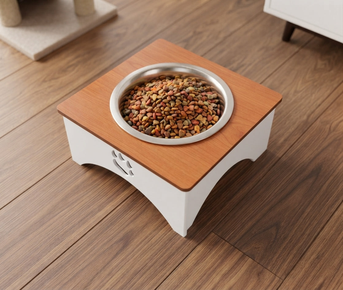 A square elevated pet feeder with a light brown wood-grain top and white base, featuring a stainless steel bowl filled with dry cat food, placed on a dark wood floor.